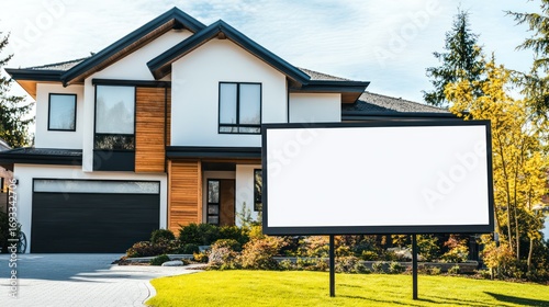 Modern House with Blank Billboard for Sale or Rent