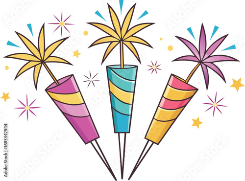 Colorful Cartoon Sparklers with Stars for Celebrations and Festive Events on a White Background Illustration