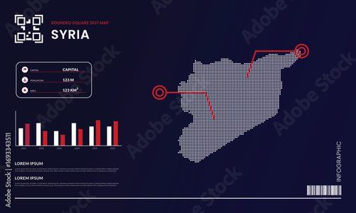 Rounded square dot map of Syria with infographic presentation template use for design element
