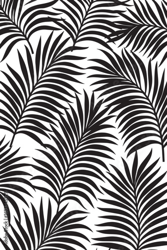 Monochromatic black palm frond pattern on white background seamless tropical foliage design