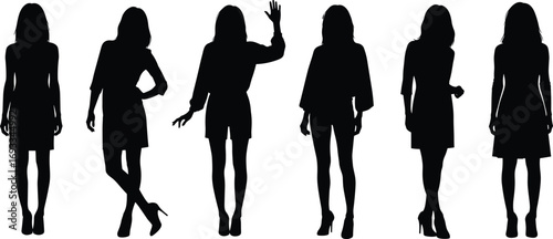 Female silhouette poses, standing women figures, stylish female shadows, elegant posture design, black vector illustration, fashion model silhouettes, isolated artwork
