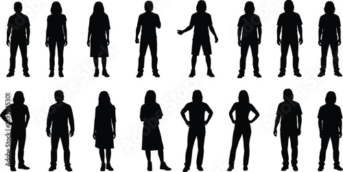Business people silhouettes in formal wear standing and working with briefcases and tablets, office team concept, flat vector illustration