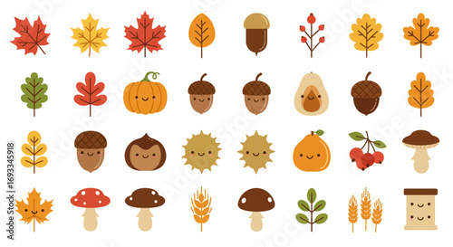 Flat vector illustration of cute autumn icons, including colorful fall leaves