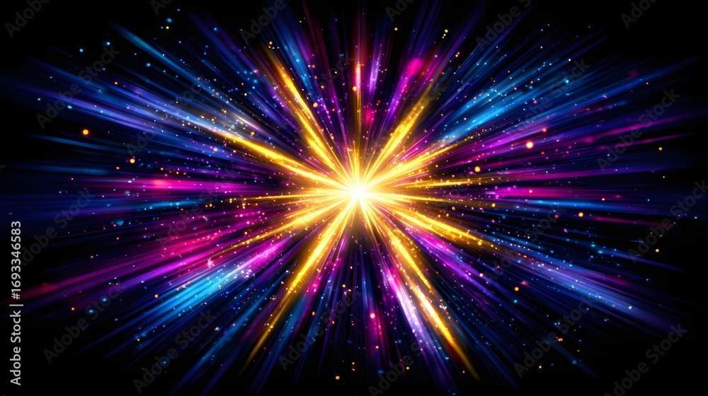 Fototapeta premium A vibrant explosion of radiant colors radiating outward from a central point, creating a dynamic and energetic abstract design.