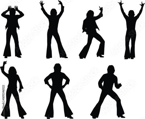 Silhouette of a woman dancing in 70s disco style bell bottom pants and jacket, retro pose, energetic dance moves, flat vector illustration