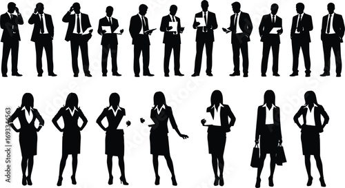 Professional business people silhouettes, men and women in formal attire, office work, corporate teamwork, communication, leadership, modern business life, flat vector illustration