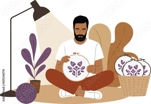 Man sitting crafting embroidery with plant and lamp illustration