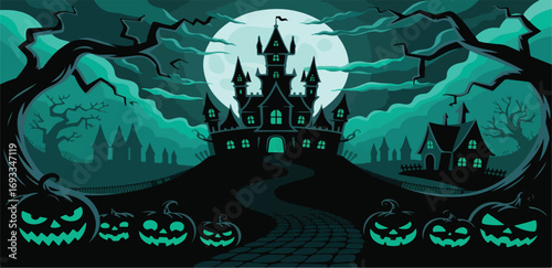 Illustration of a haunted house with pumpkins under a full moon