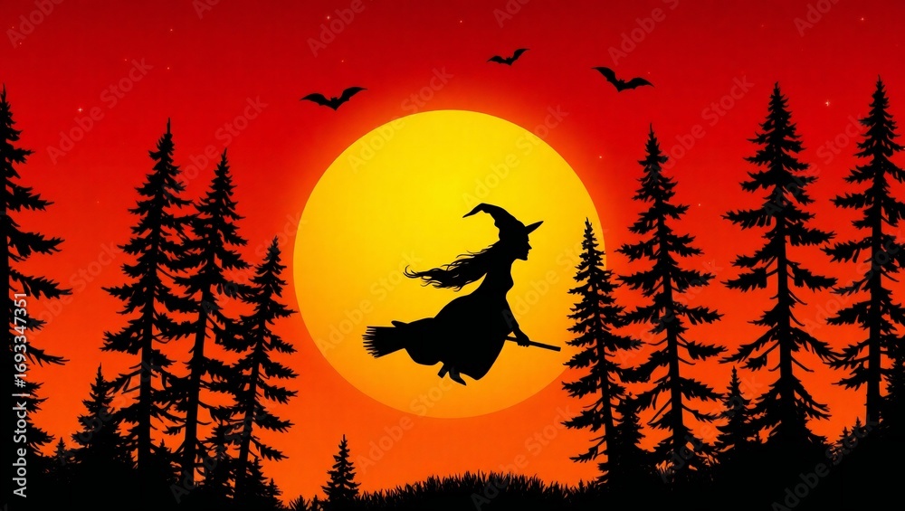 Fototapeta premium Witch flying on broomstick in front of a large full moon at night
