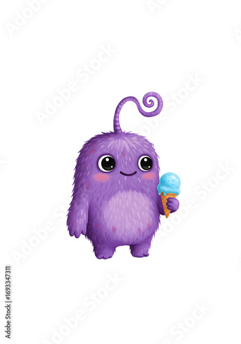 Adorable Purple Monster with Blue Ice Cream Cone, Isolated on White Background png alpha channel isolated on transparent background