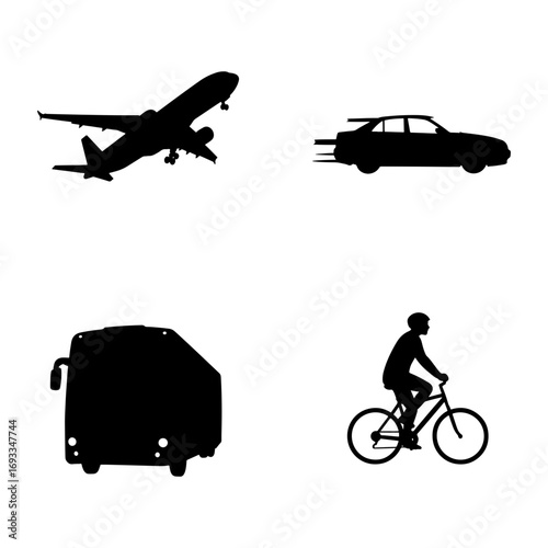 Silhouettes of diverse transportation methods including airplane car bus and bicycle in black and white