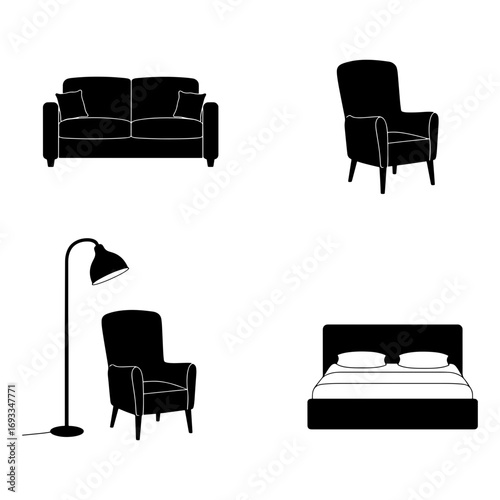 Illustration of a black sofa, two armchairs, a floor lamp and a bed on a white isolated background