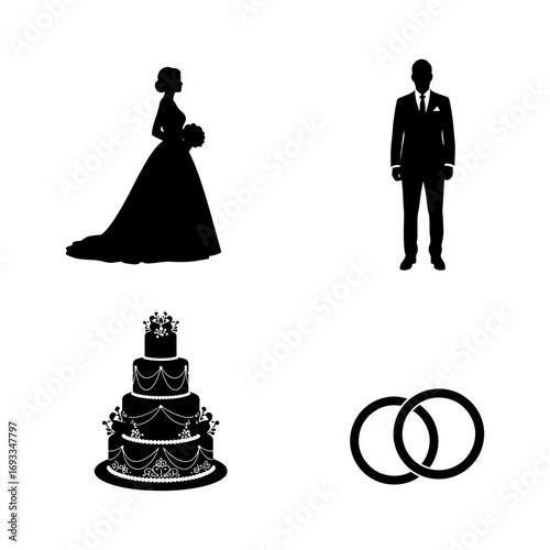 Illustration of wedding elements including bride groom cake and rings in black silhouette style design