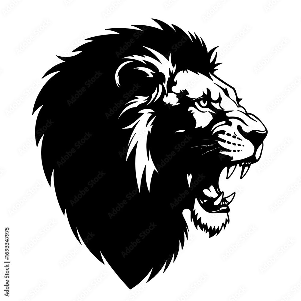 Fototapeta premium lion head silhouette roaring isolated on white background, wild animal symbol for strength, power, royalty, and predator design