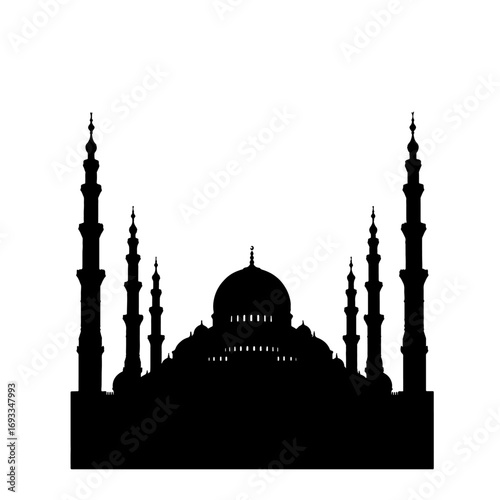 mosque silhouette with minaret isolated on white background  
