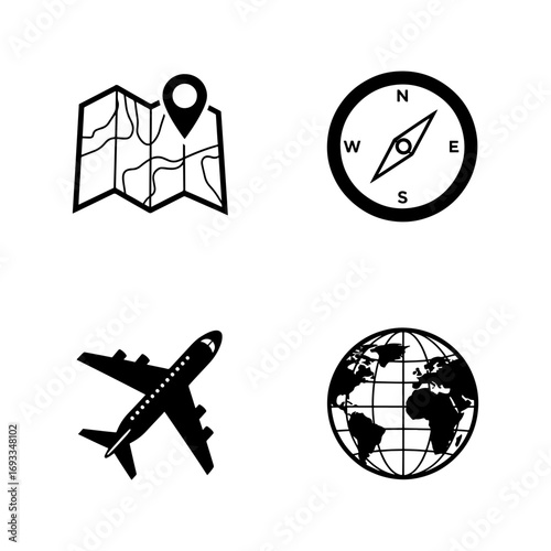 Icons depicting travel elements including a map with location pin compass airplane and globe icon