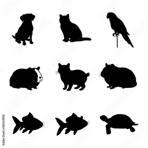 Silhouette representation of various pets including a dog cat parrot guinea pig fish and turtle displayed