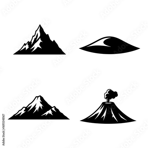 Illustration showing four mountain icons with different shapes and styles in black and white color scheme