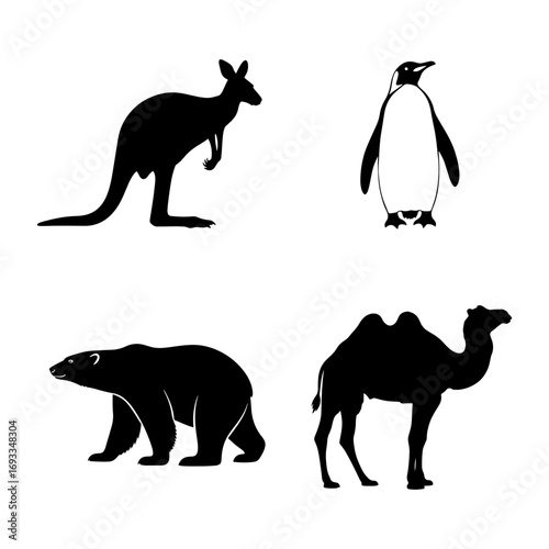 Silhouettes of kangaroo penguin polar bear and camel showcasing animal diversity in black and white