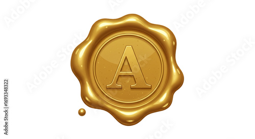 vector gold wax seal with letter A isolated on white background, monogram design for vintage branding, luxury emblem, and certification