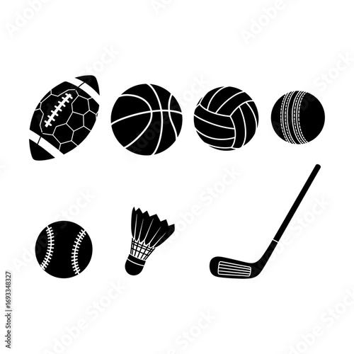 Illustration of assorted sports equipment including balls and a golf club in black and white style