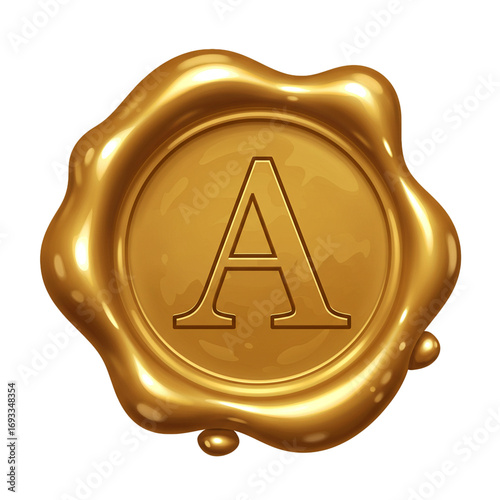 vector gold wax seal with letter A isolated on white background, monogram design for vintage branding, luxury emblem, and certification