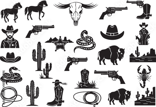 Wild West and Cowboy Vector Icon Set
Monochrome Western Adventure Elements
American Frontier Silhouette Collection
Cowboy and Desert Landscape Graphics Pack
Vintage Western Icons and Motifs