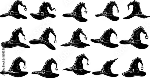 vector set of Illustration of different witch hats isolated on white
