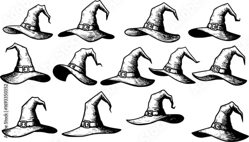 vector set of Illustration of different witch hats isolated on white
