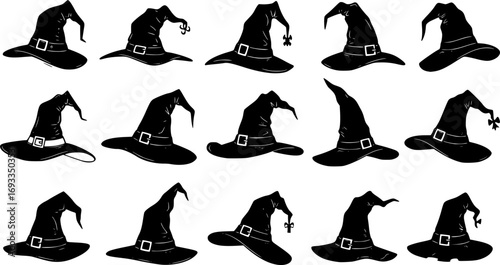 vector set of Illustration of different witch hats isolated on white
