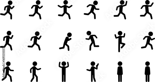 Stickman icons. Stick figures black silhouettes showing various poses and gestures, running, meditating and jumping. Ideal for infographics, design and app interfaces. Minimalist vector illustration