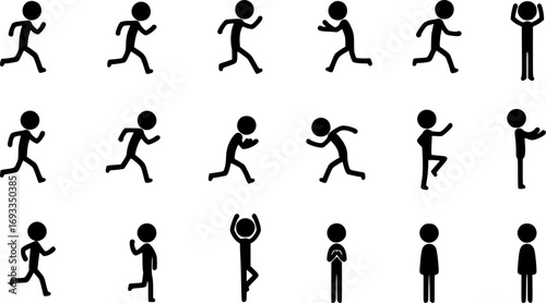 Stickman icons. Stick figures black silhouettes showing various poses and gestures, running, meditating and jumping. Ideal for infographics, design and app interfaces. Minimalist vector illustration