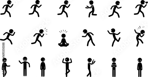 Stickman icons. Stick figures black silhouettes showing various poses and gestures, running, meditating and jumping. Ideal for infographics, design and app interfaces. Minimalist vector illustration