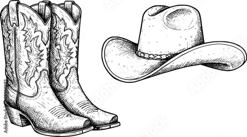 Cowboy boots and western hat. Vector graphic hand drawn illustration rodeo cowboy clothes isolated on white for print or design
