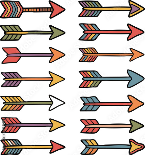 Collection of bohemian style arrow designs with colorful fletching and geometric patterns