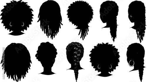 Set of female afro hairstyles. Collection of dreads and afro braids for a girl. Black and white illustration for a hairdrymaker.
