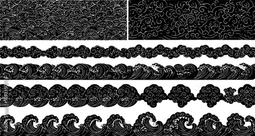 asian wave border. cloud pattern tile. water sea waves vector set
