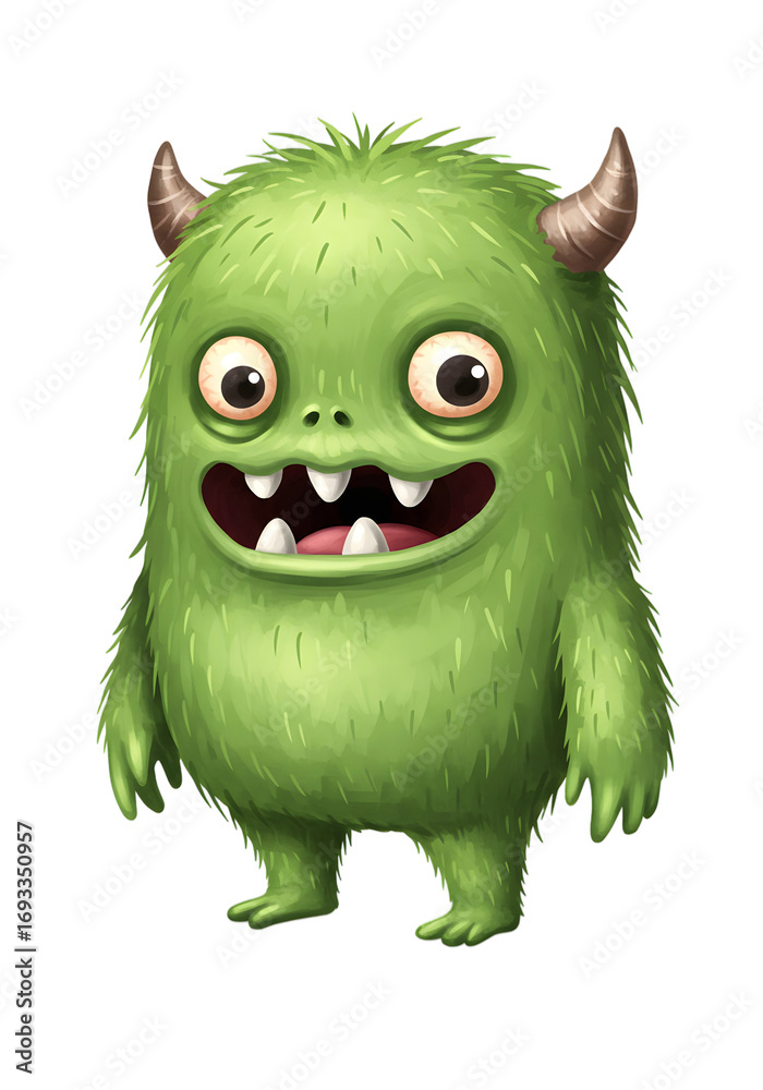 Fototapeta premium Funny Cute Green Monster with Horns and Big Eyes, Whimsical Character Illustration on White Background png alpha channel isolated on transparent background