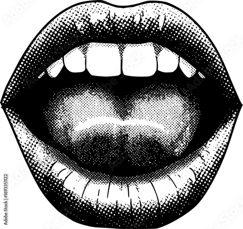 monochrome vector mouth in mezzotint photocopy effect, for grunge punk y2k collage design. lip and tongue talking retro elements. brutalist vintage illustration poster 