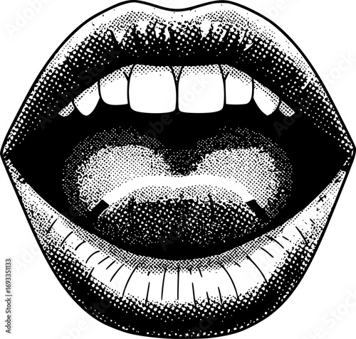 monochrome vector mouth in mezzotint photocopy effect, for grunge punk y2k collage design. lip and tongue talking retro elements. brutalist vintage illustration poster 