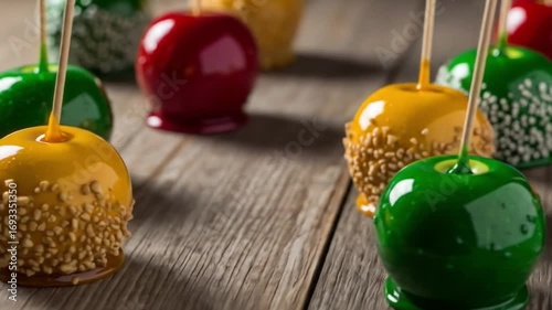 Glossy candy apples with sticks on a wooden surface some covered in nuts