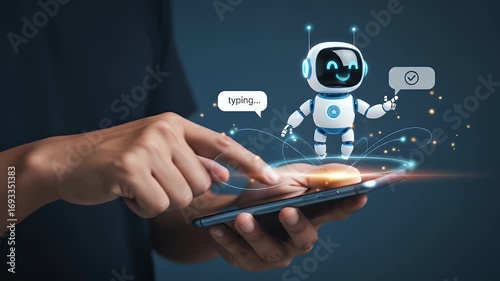 Person using smartphone interacting with animated robot