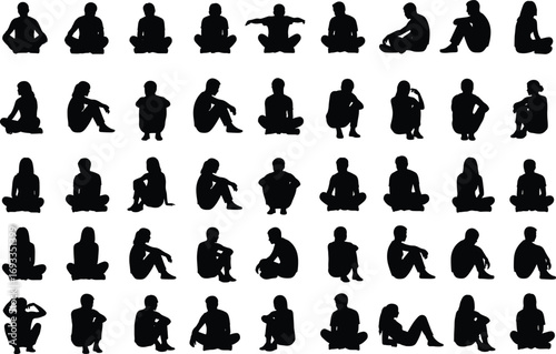 Silhouettes of Sitting People in Various Poses, Relaxed and Thoughtful Postures, Black Vector Figures, Diverse Human Body Positions