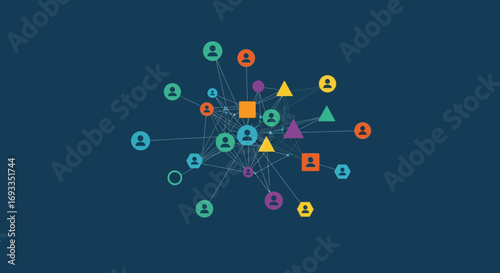 Colorful Geometric Shapes and People Icons Connected Network Illustration