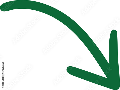 Green curved arrow pointing downward and to the right simple graphic symbol