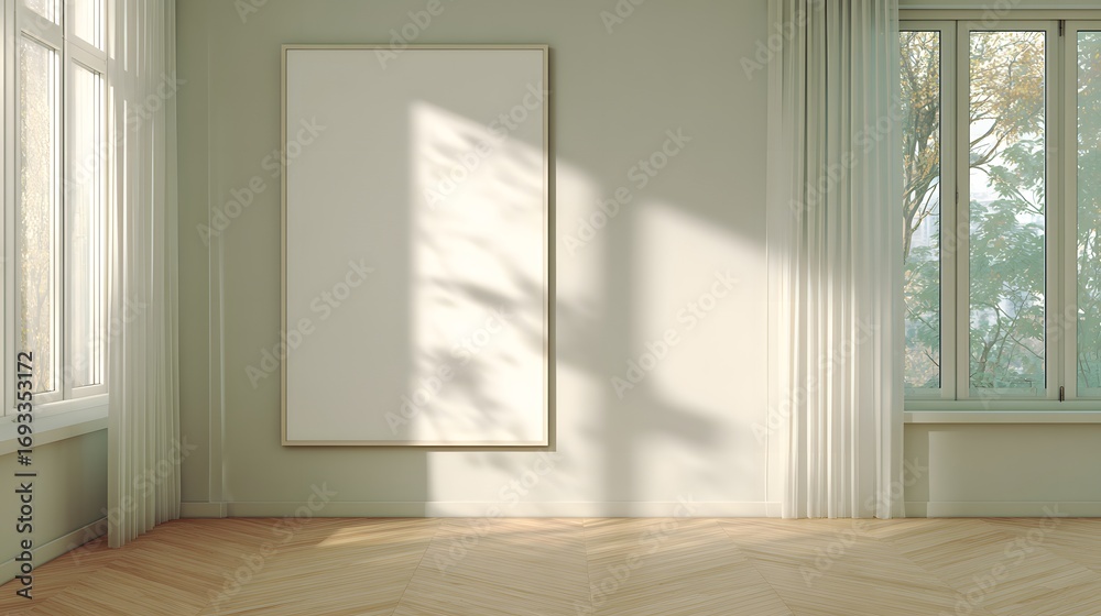 Fototapeta premium A sunlit, minimalist interior, displaying a blank canvas framed in a light wood border, bathed in soft, natural light.