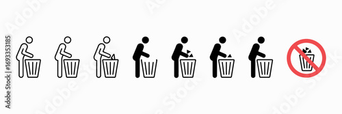 Throw Trash Icon Set – Person Putting Garbage in Bin Silhouette Vector