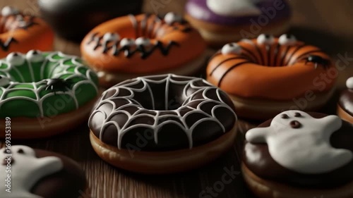 Halloween donuts with themed icing and decorations displayed on a wooden surface