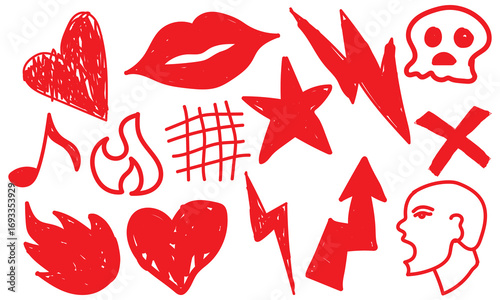 Doodle grunge  rock icon . Collection of hand drawn doodles including hearts, lips, arrows, skull, stars, flames, and music note in bold black style. vector illustration.

