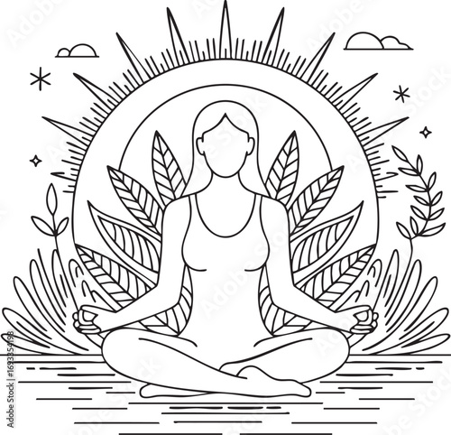 Woman meditating in lotus pose surrounded by nature and radiant sun symbol for inner peace